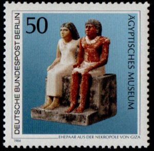 West Berlin. 1984. Art Treasures of the Museum in Berlin. Statue of seated couple from Giza Necropolis