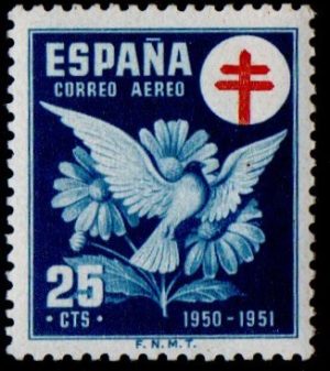 Spain. 1950. Anti-T.B. Fund. Cross in red. Incr. "1950 1951". Air mail. 25 c.