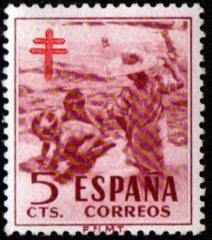 Spain. 1951. Anti-tuberculosis Fund. Cross in Red. Children on a beach. 5 c.