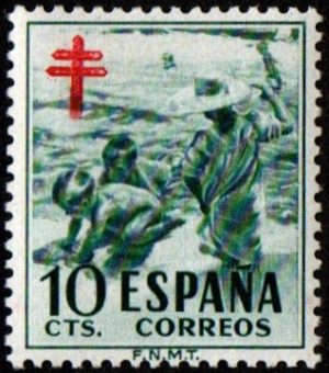 Spain. 1951. Anti-tuberculosis Fund. Cross in Red. Children on a beach. 10 c.