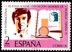 Spain. 1974. International Philately Exhibition ESPANA '75. Stamp collector, album and magnifier