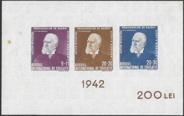 Romania. 1942 International Bureau of Education, Geneva. Titu Maiorescu (1840-1917). MNH. Cat Mi Block 19