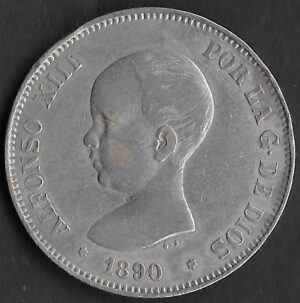 Spain. 1890. 5 Pesetas - Alfonso XIII. VF. Silver (.900). 24.78g. KM 689. Rar. ind. 9