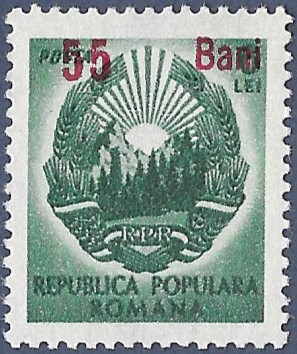 Romania. 1952 Coat of Arms Stamps of 1950 Surcharged. 55B over 6L. MNH. Cat Mi1326