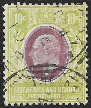 East Africa and Uganda Protectorates. 1907 King Edward VII - Value in C(ents). 10c. Cancelled. SG37