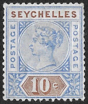 Seychelles. 1890 Queen Victoria - Shading Lines at Right Side of Diamond in Tiara Band. 10c. MH. SG4