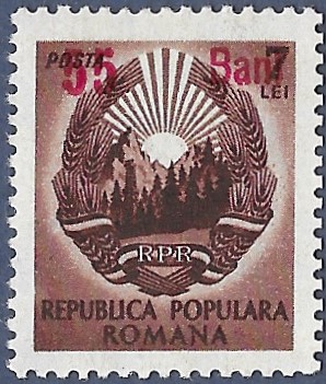 Romania. 1952 Coat of Arms Stamps of 1950 Surcharged. 55B over 7L. MNH. Cat Mi1327