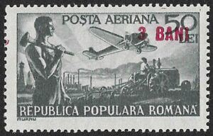 Romania. 1952 Airmail - Science and Transportation Stamps of 1948 Surcharged. 3B over 50L. MH. Cat Mi1363