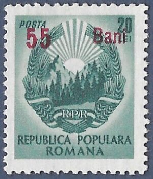 Romania. 1952 Coat of Arms Stamps of 1950 Surcharged. 55B over 20L. MNH. Cat Mi1329