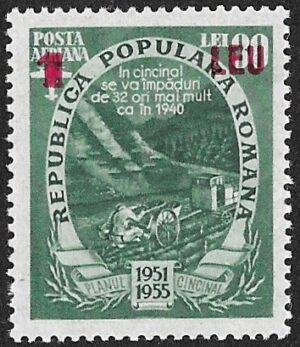 Romania. 1952 Airmail - Five Year Plan Stamps of 1951-1952 Surcharged. 1L over 30L. MNH. Cat Mi1368