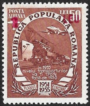 Romania. 1952 Airmail - Five Year Plan Stamps of 1951-1952 Surcharged. 1L over 50L. MNH. Cat Mi1369