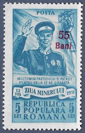 Romania. 1952 Miners` Day Stamp of Surcharged. 55B over 5L. MNH. Cat Mi1348