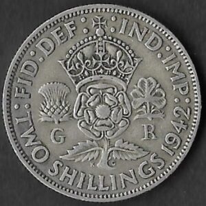 United Kingdom. 1942. 2 Shillings - George VI with 'IND:IMP'. Silver (.500). VF. 11.16g. KM 855. Rar. ind. 5