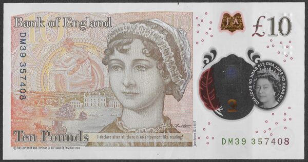 United Kingdom. 2016. 10 Pounds - Elizabeth II Jane Austen; polymer. UNC. Cat 202523. B005. RI.10