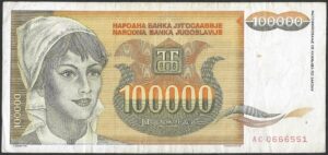 Yugoslavia. 1993. 100 000 Dinara. VF. Cat P118. B017. RI.14