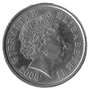 Gibraltar. 2000. 10 Pence - Elizabeth II Europort; head with tiara. Copper-Nickel. AU. 6.5g. KM38667. C025. RI.10