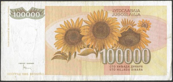 Yugoslavia. 1993. 100 000 Dinara. VF. Cat P118. B017. RI.14