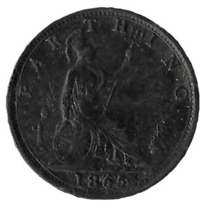 United Kingdom. 1865. 1 Farthing - Victoria 2nd portrait; 1st type. Bronze. VF. 2.83g. KM747. C064. RI.7