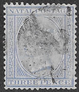 Natal. 1874 -1878 Queen Victoria - Inscription: "NATAL POSTAGE". 3p. Wmk.1, Perf.14. Cancelled. Sc.52