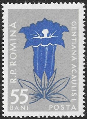 Romania. 1957 Mountain Flowers. Gentiana acaulis. 55B. MNH. Mi1651