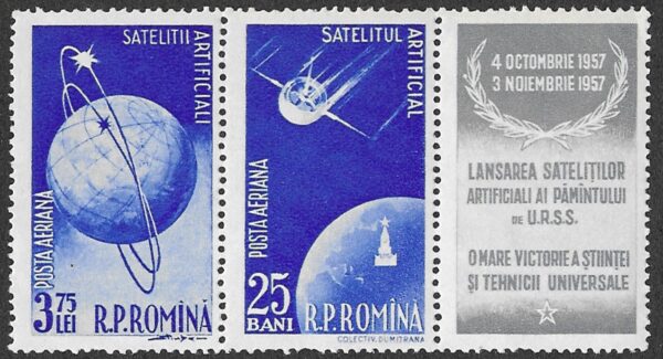 Romania. 1957 Airmail - The First Soviet Satellites. 25B+3.75L. MNH. Mi1678+1680