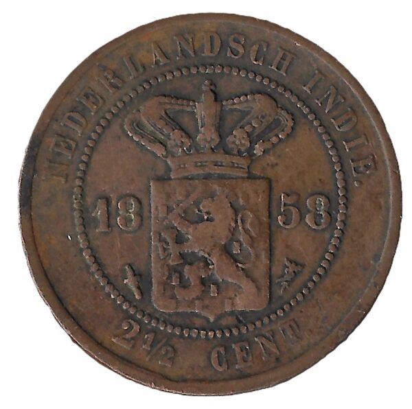 Netherlands East Indies. 1858. 2 1/2 cents. Copper. F. 12.17g. KM308.1. C216. RI.12