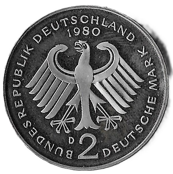 West Germany. 1980. 2 Deutsche Mark Konrad Adenauer. Copper-Nickel. Proof. 7.00g. KM124. C192. RI.4