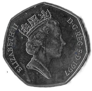 United Kingdom. 1997. 50 Pence - Elizabeth II 3rd portrait; large type. Copper-Nickel. UNC. 8.02g. KM940.2. C202. RI.4