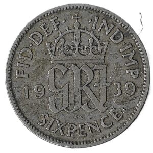 United Kingdom. 1939. 6 Pence - George VI 1st coinage. Silver (.500). F. 2.73g. KM852. C209. RI.4