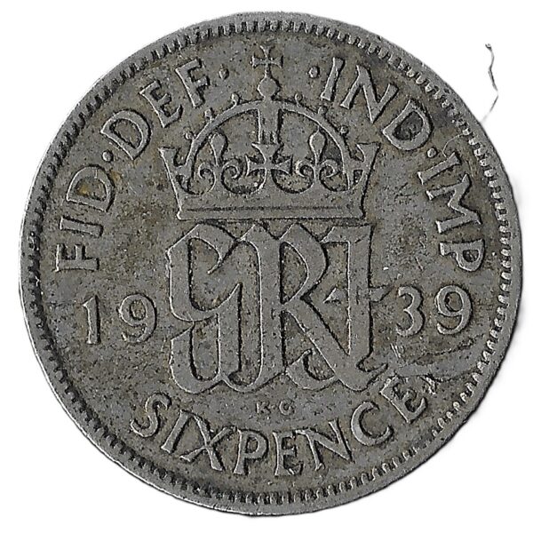 United Kingdom. 1939. 6 Pence - George VI 1st coinage. Silver (.500). F. 2.73g. KM852. C209. RI.4