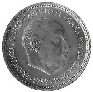 Spain. 1957 (1958). 50 Pesetas - Francisco Franco. Copper-Nickel. AU. 12.61g. KM788. C191. RI.4