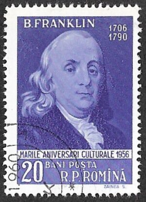 Romania. 1956 Personalities. Benjamin Franklin. 20B. Cancelled. Mi1604