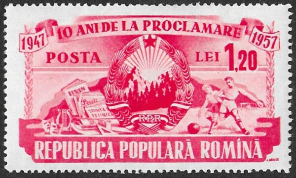 Romania. 1957 The 10th Anniversary of the People`s Republic. 1.20L. MNH. Mi1696