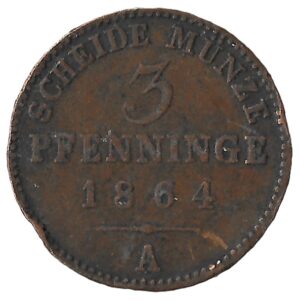 Germany. Kingdom of Prussia. 1864. 3 Pfennigs - William I. Copper. VF. 4.43g. KM482. C088. RI.8