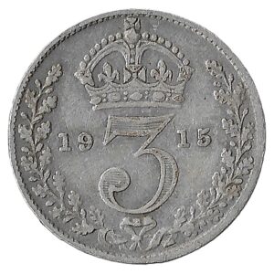 United Kingdom. 1915. 3 Pence - George V 1st issue; incl. Maundy. Silver (.925). VG. 1.38g. KM813. C093. RI.4