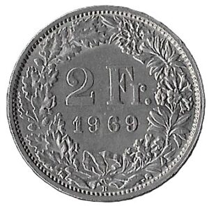 Switzerland. 1969. 2 Francs Helvetia standing. Copper-Nickel. AU. 8.84g. KM21a. C100. RI.3