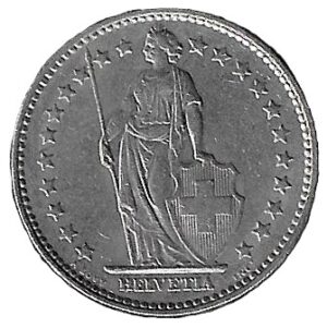 Switzerland. 1968. 2 Francs Helvetia standing. Copper-Nickel. AU. 8.74g. KM21a. C101. RI.3