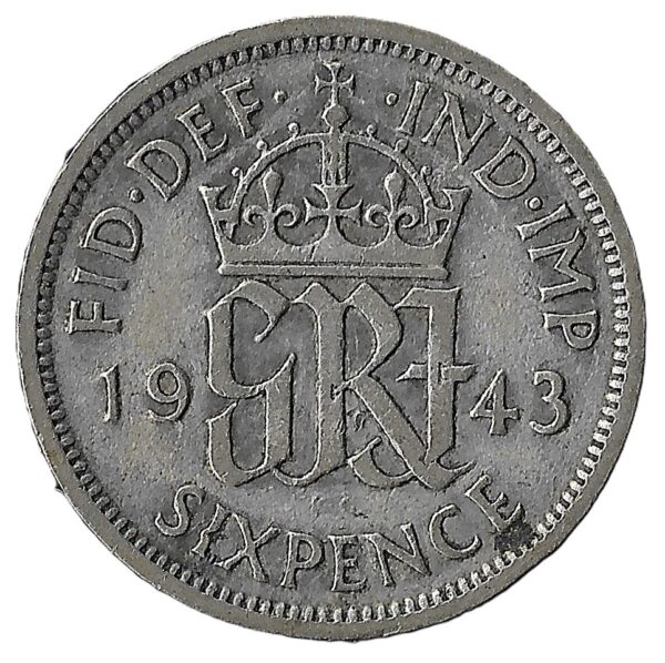 United Kingdom. 1943. 6 Pence - George VI 1st coinage. Silver (.500). VF. 2.75g. KM852. C115. RI.4