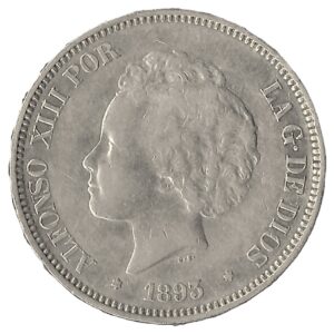 Spain. 1893. 5 Pesetas - Alfonso XIII 2nd portrait. Silver (.900). AU. 25.06g. KM700. C122. RI.14