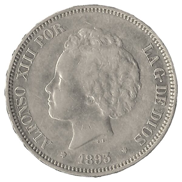 Spain. 1893. 5 Pesetas - Alfonso XIII 2nd portrait. Silver (.900). AU. 25.06g. KM700. C122. RI.14