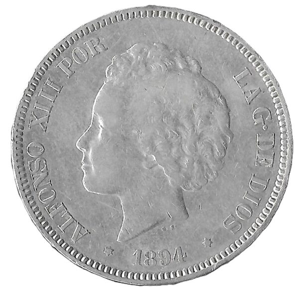 Spain. 1894. 5 Pesetas - Alfonso XIII 2nd portrait. Silver (.900). AU. 24.98g. KM700. C123. RI.14