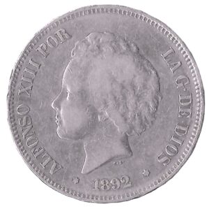 Spain. 1892. 5 Pesetas - Alfonso XIII 2nd portrait. Silver (.900). XF. 24.73g. KM700. C121. RI.14