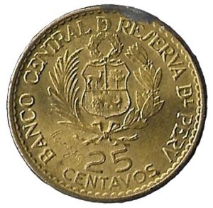 Peru. 1965. 25 Centavos Casa de Moneda. Brass. XF. 3.16g. KM238. C130. RI.13