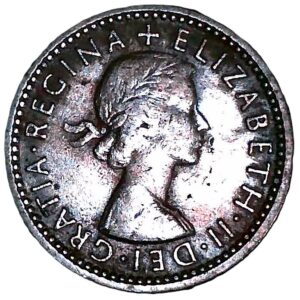 United Kingdom. 1959. 6 Pence - Elizabeth II 1st portrait; no 'BRITT:OMN'. Copper-Nickel. XF. 2.79g. KM903. C160. RI.3