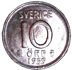 Sweden. 1959. 10 Öre - Gustaf VI Adolf. Billon (.400). Unc. 1.33g. KM823. C179. RI.5