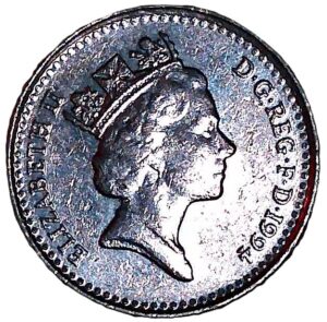 United Kingdom. 1994. 5 Pence - Elizabeth II 3rd portrait; small type. Copper-Nickel. Unc. 3.24g. KM937. C182. RI.3