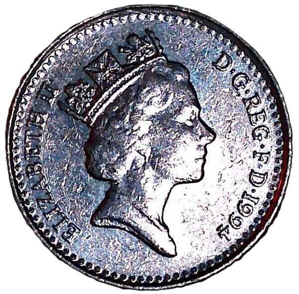 United Kingdom. 1994. 5 Pence - Elizabeth II 3rd portrait; small type. Copper-Nickel. Unc. 3.24g. KM937. C182. RI.3