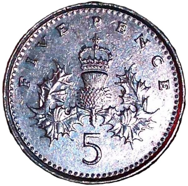 United Kingdom. 1994. 5 Pence - Elizabeth II 3rd portrait; small type. Copper-Nickel. Unc. 3.24g. KM937. C182. RI.3