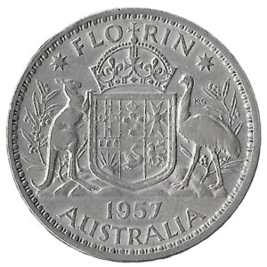 Australia. 1957. 1 Florin - Elizabeth II 1st Portrait. Silver (.500). XF. 11.30g. KM60. C249. RI.8