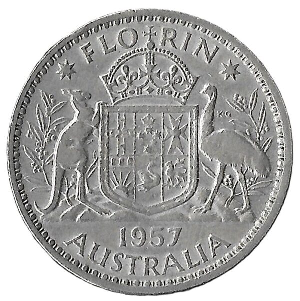 Australia. 1957. 1 Florin - Elizabeth II 1st Portrait. Silver (.500). XF. 11.30g. KM60. C249. RI.8